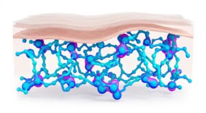 히알루론산 필러의 분자 구조와 피부 층 내 볼륨 형성 원리 3D 일러스트